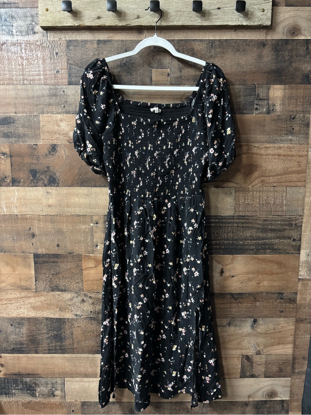 Maurices Black Floral Smocked Midi Dress with Puff Sleeves